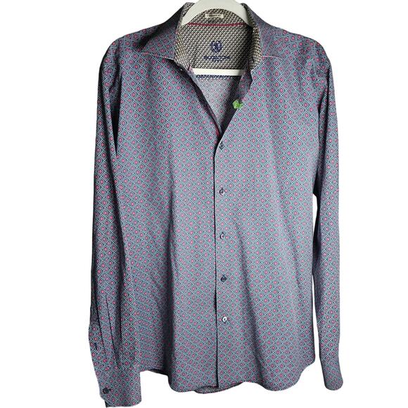 Bugatchi Mini Print Collared Button Up Blue Red Contrast Cuffs 100% Cotton - Picture 2 of 16
